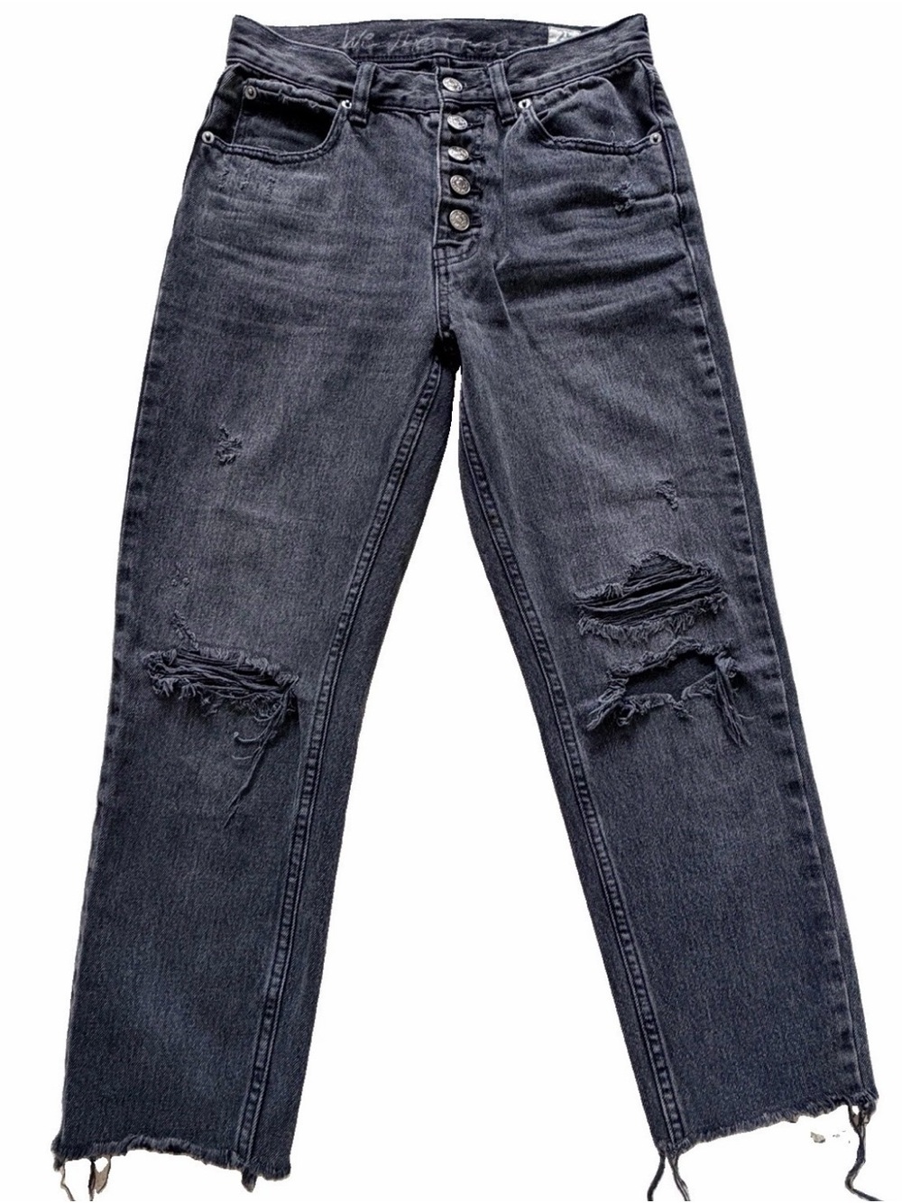 We The Free High Rise Black Distressed Jeans Size 25 Raw Frayed Hem Free People